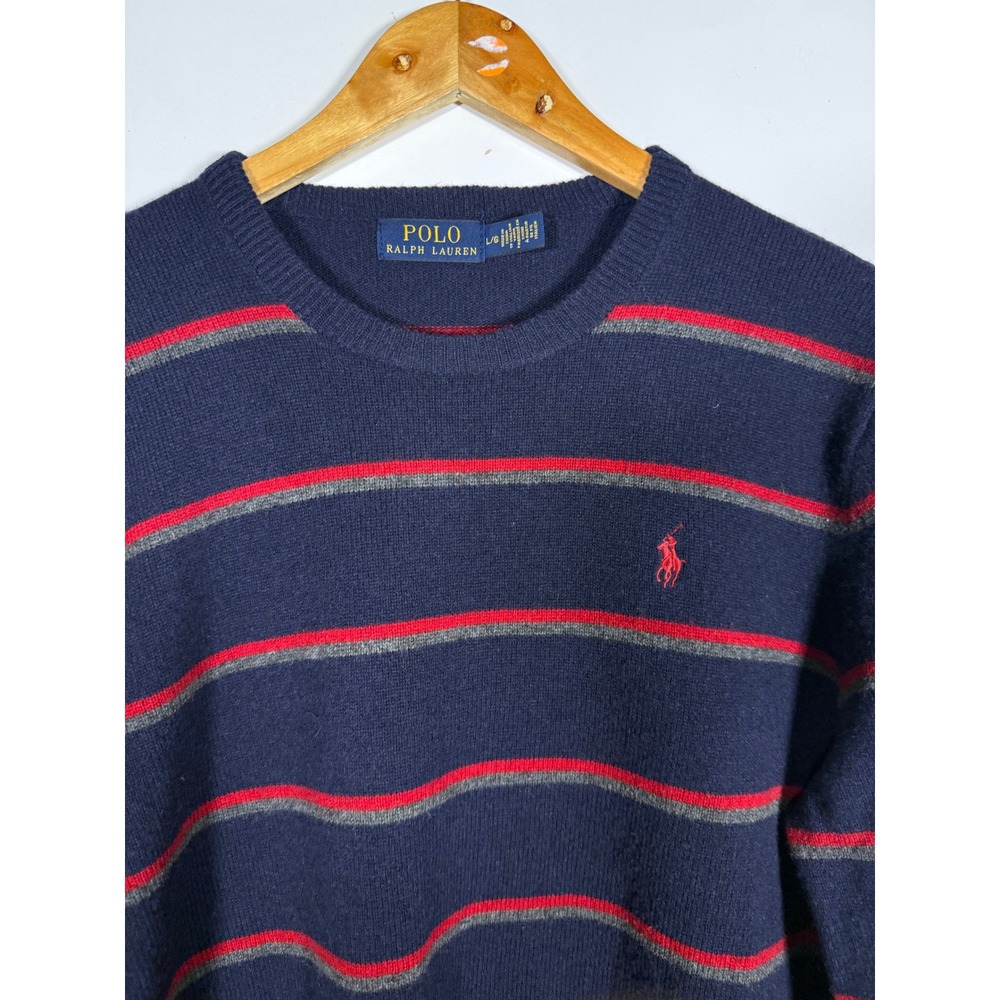 Polo Ralph Lauren Mens Large Navy Blue Red Striped Wool Blend Crewneck Sweater